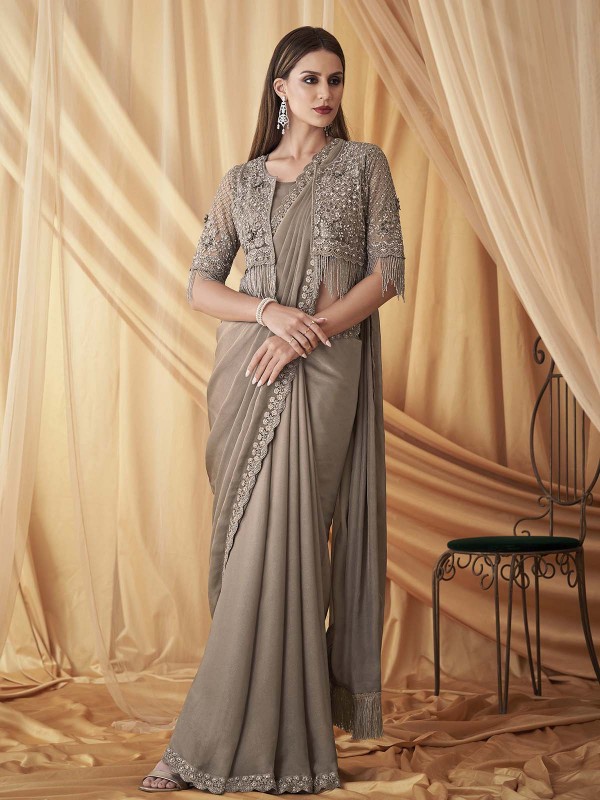 Silver Sage Satin Georgette Saree